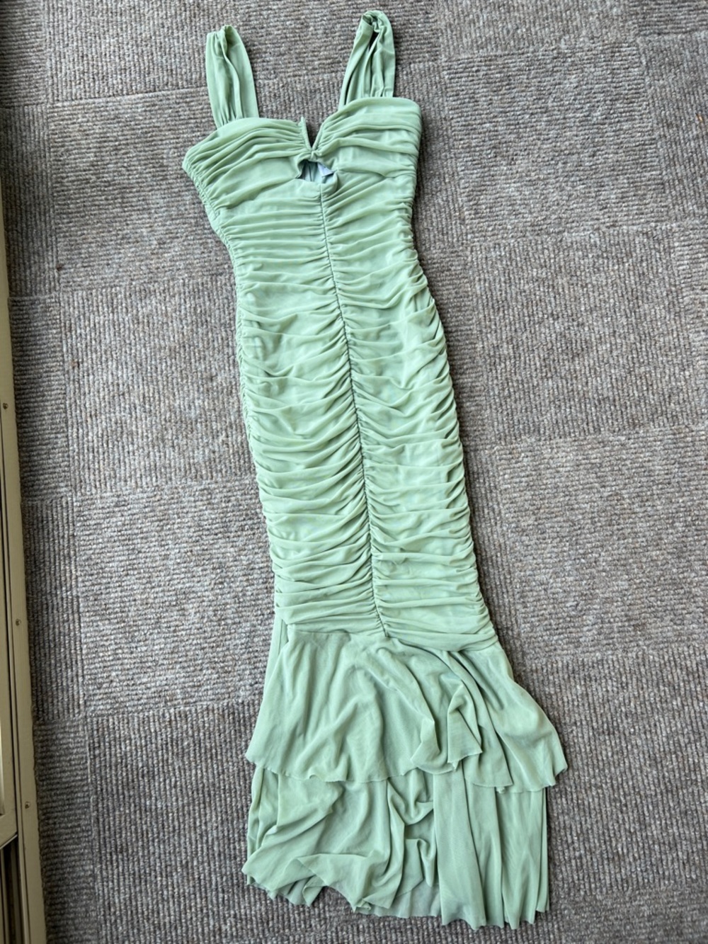 Hello Molly Party Pal Mesh Stretch Sage Green Midi Dress with Ruched Detail Sz 8